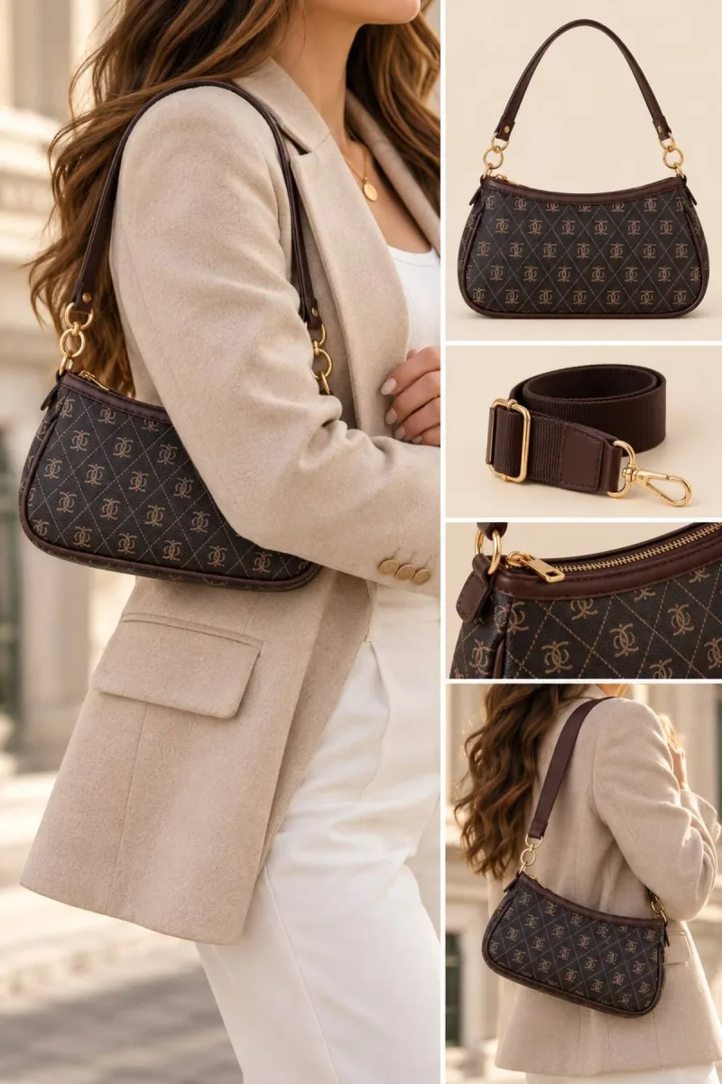 Monogram Baskılı Baget Çanta - Kahverengi - 2