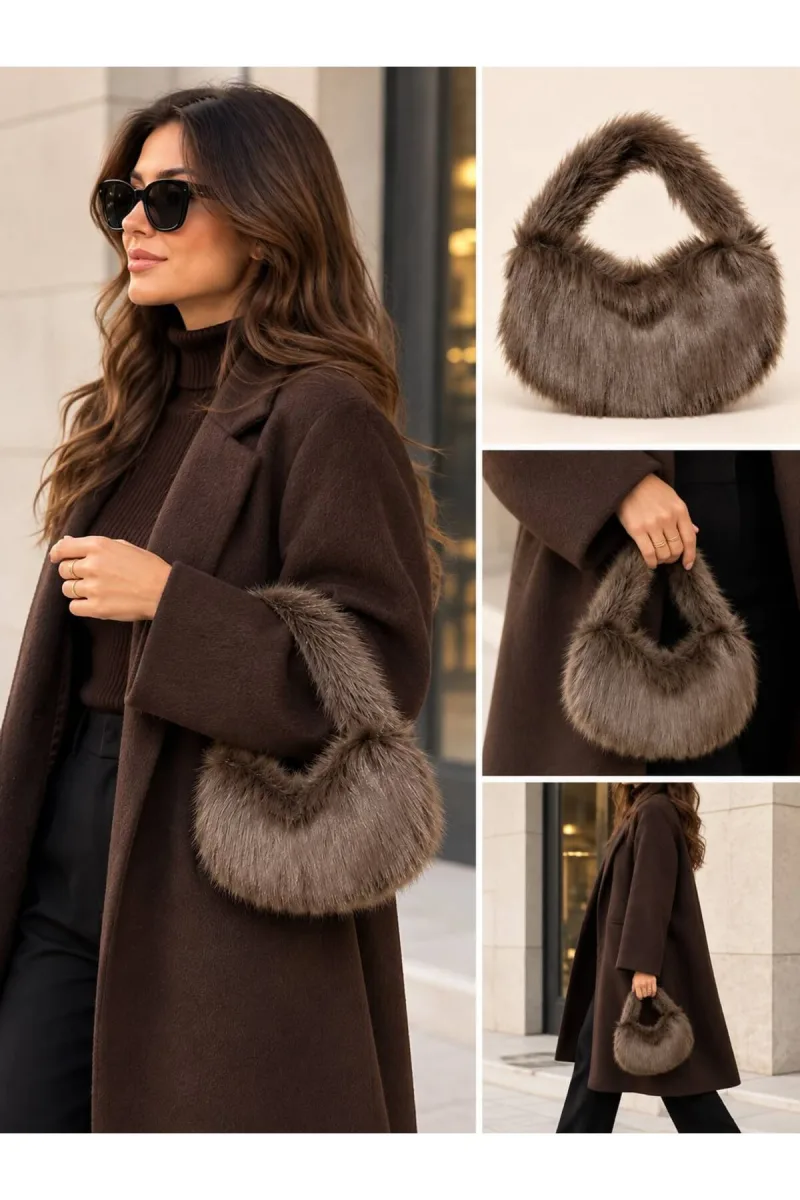 Peluş Hobo El ve Omuz Çantası - Kahverengi - 1