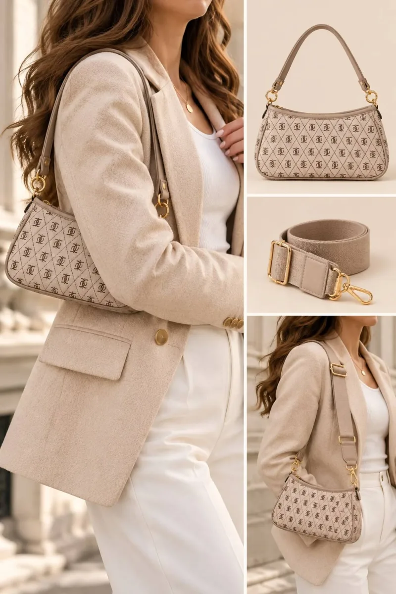 Monogram Baskılı Baget Çanta - Bej - 1