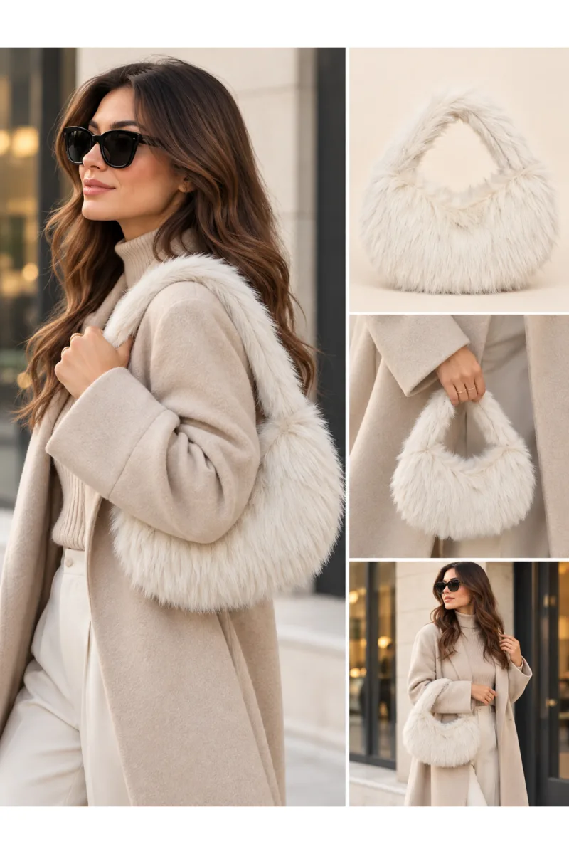 Peluş Hobo El ve Omuz Çantası - Krem - 1